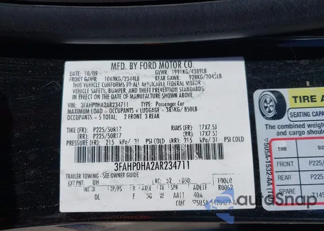2010 Ford Fusion Se из США, поврежденный, VIN 3FAHP0HA2AR234711